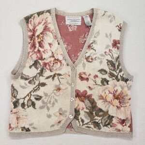 Portraits Northern Isles Womens Petite Large Vest Floral Knit Cottage